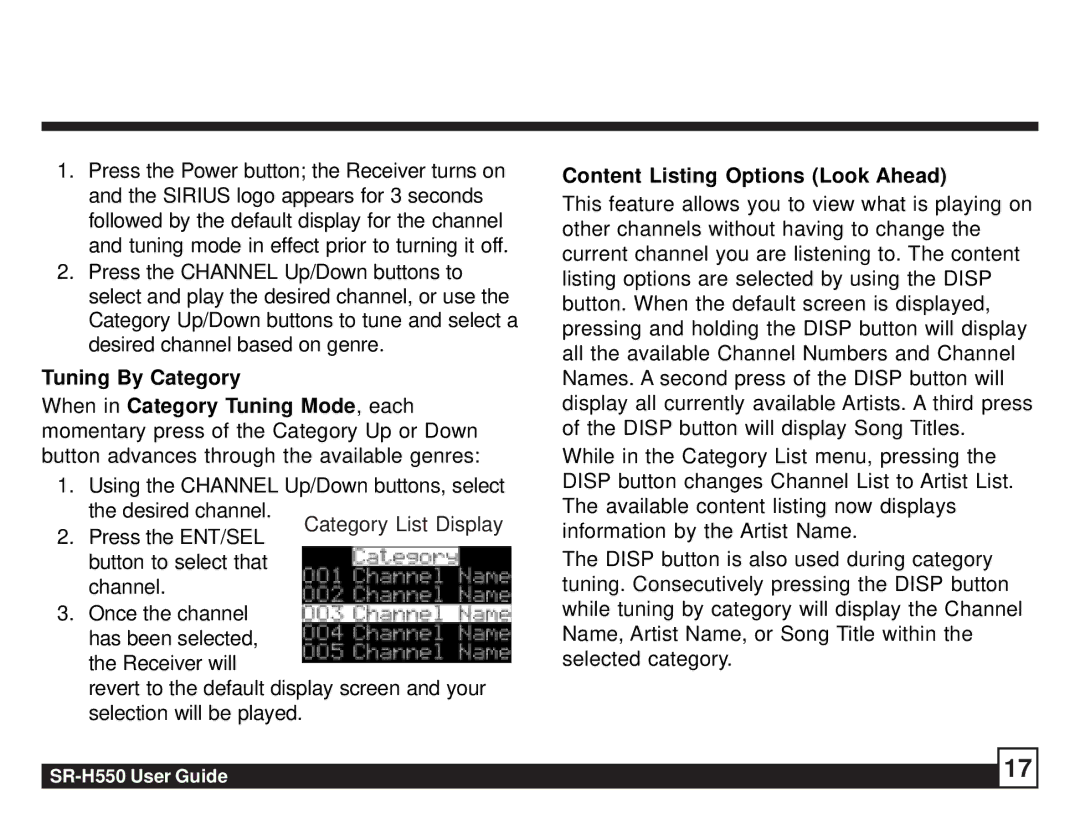 Sirius Satellite Radio SR-H550 manual Content Listing Options Look Ahead 