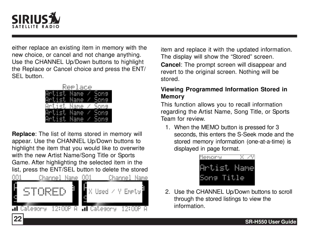 Sirius Satellite Radio SR-H550 manual Viewing Programmed Information Stored in Memory 