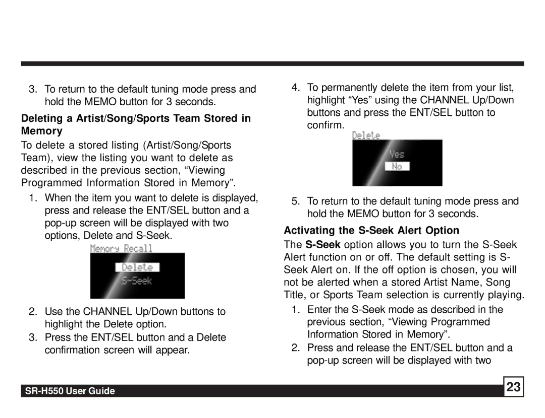 Sirius Satellite Radio SR-H550 Deleting a Artist/Song/Sports Team Stored in Memory, Activating the S-Seek Alert Option 