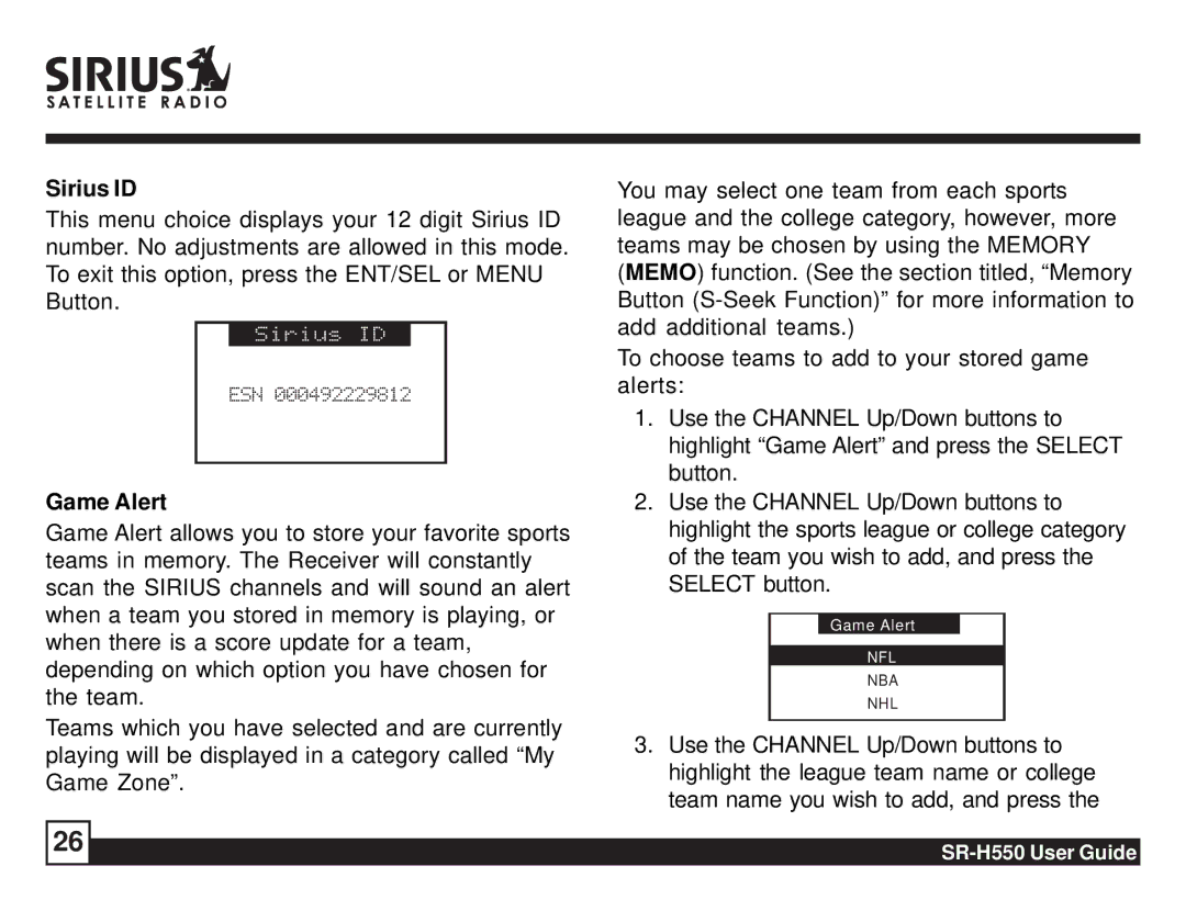 Sirius Satellite Radio SR-H550 manual Sirius ID, Game Alert 