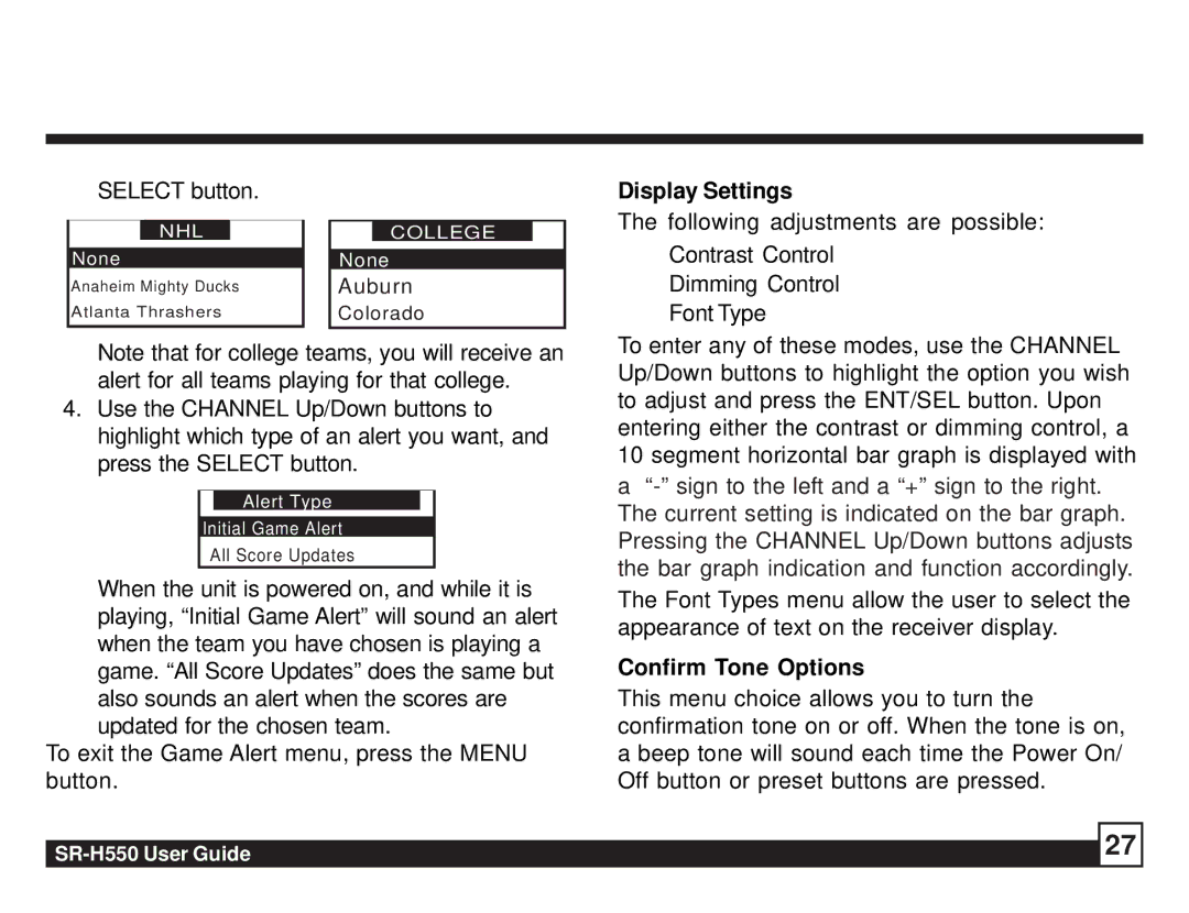 Sirius Satellite Radio SR-H550 manual Display Settings, Confirm Tone Options 