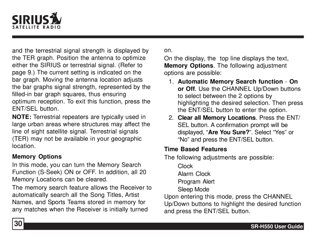 Sirius Satellite Radio manual SR-H550 User Guide 