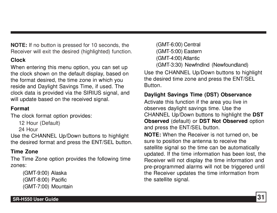 Sirius Satellite Radio SR-H550 manual Clock, Format, Time Zone, Daylight Savings Time DST Observance 
