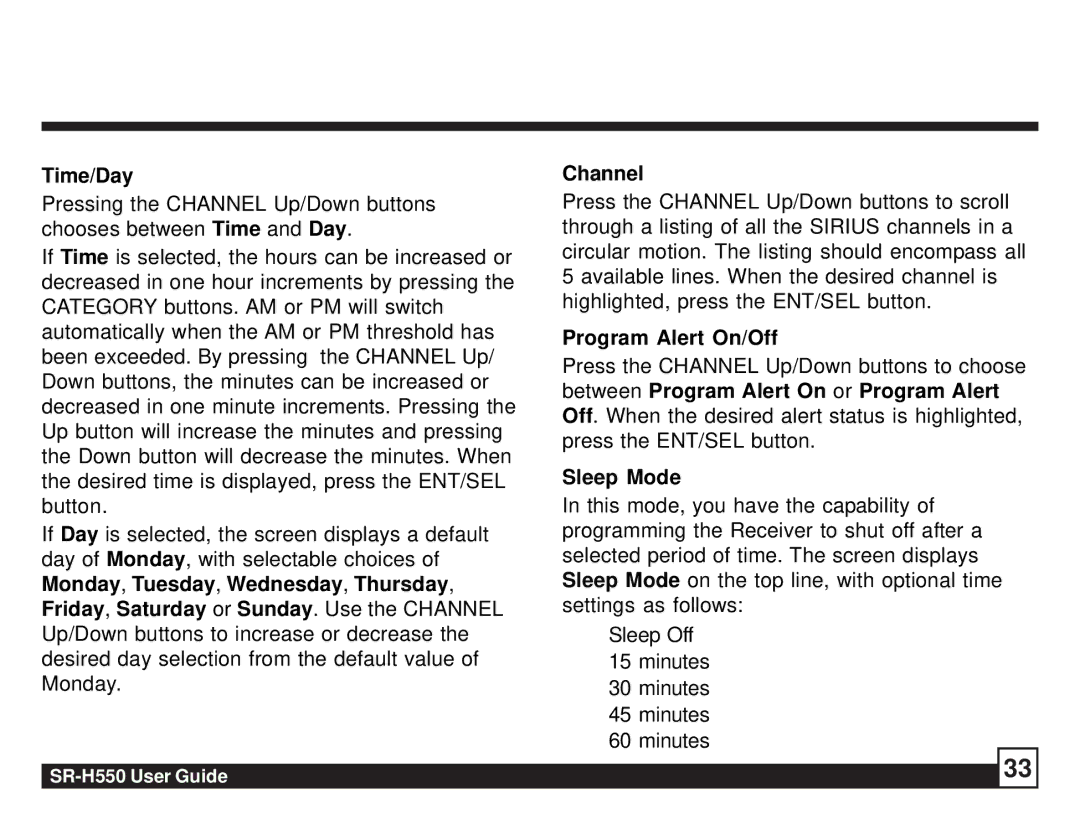 Sirius Satellite Radio SR-H550 manual Time/Day Channel, Program Alert On/Off, Between Program Alert On or Program Alert 