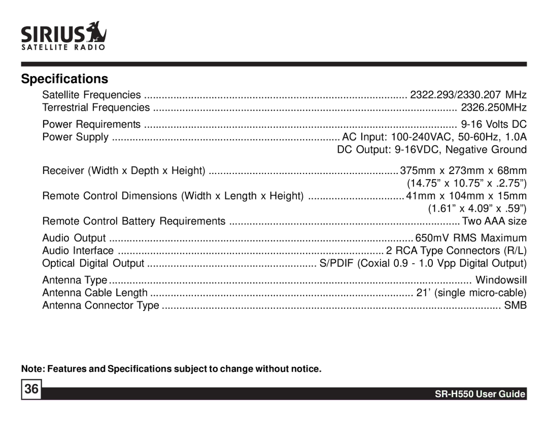 Sirius Satellite Radio SR-H550 manual Specifications 