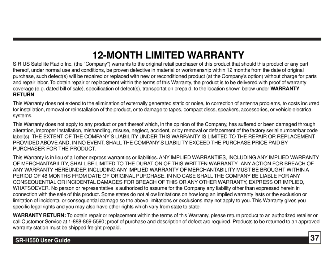 Sirius Satellite Radio SR-H550 manual Month Limited Warranty 