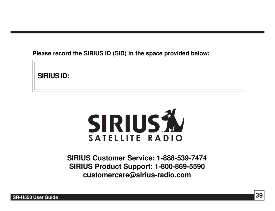 Sirius Satellite Radio SR-H550 manual Sirius ID 