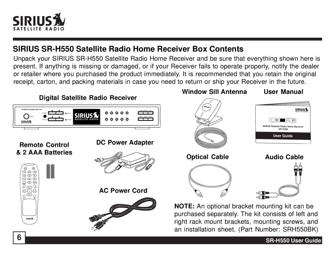 Sirius Satellite Radio manual Sirius SR-H550 Satellite Radio Home Receiver Box Contents 