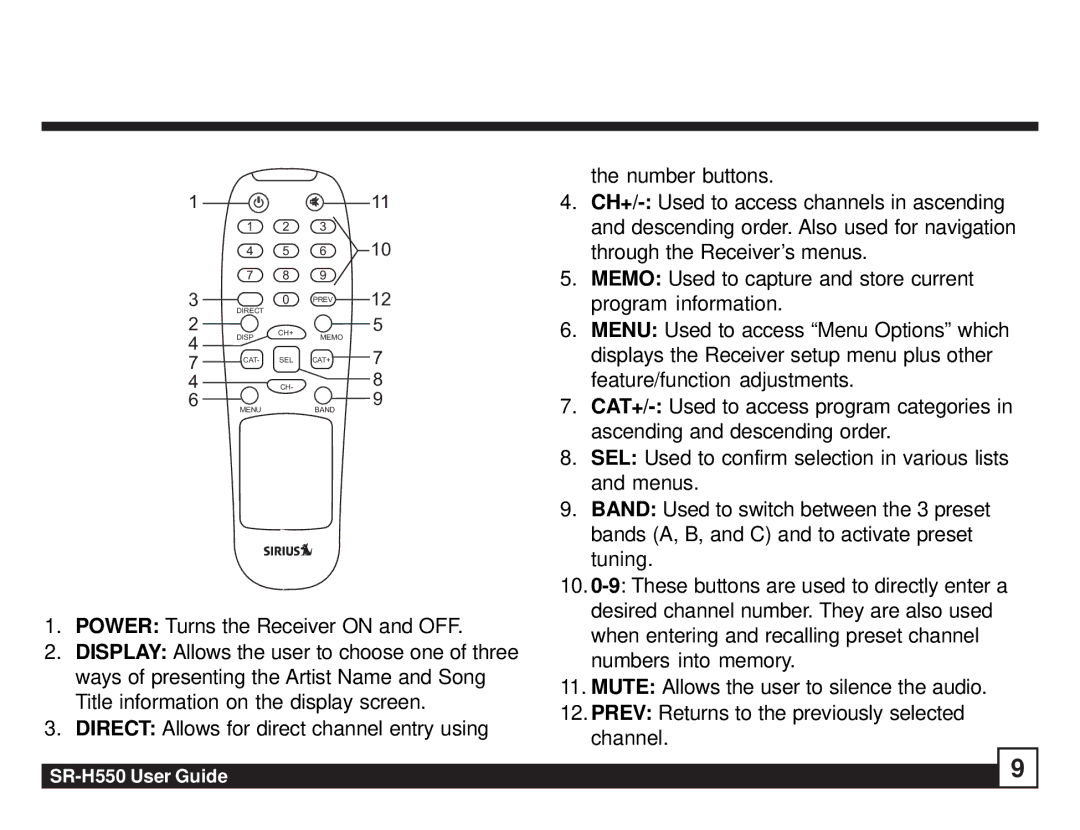 Sirius Satellite Radio SR-H550 manual Direct CH+ Disp Memo CAT SEL CAT+ Menu Band 