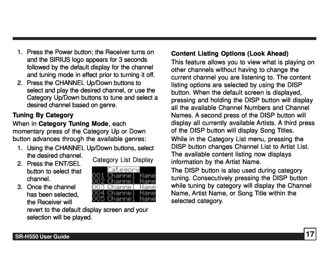 Sirius Satellite Radio SR-H550 manual Tuning By Category, Content Listing Options Look Ahead 