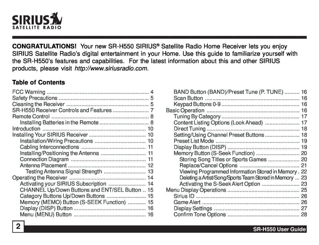 Sirius Satellite Radio manual Table of Contents, SR-H550User Guide 