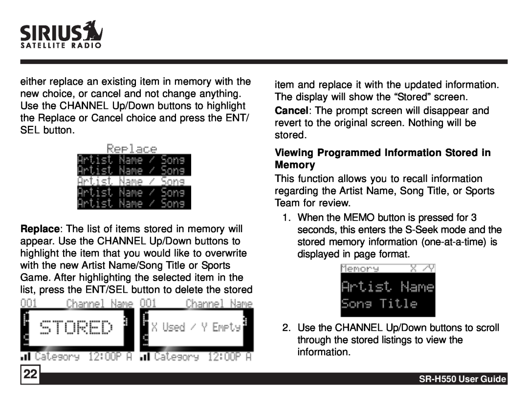 Sirius Satellite Radio SR-H550 manual Viewing Programmed Information Stored in Memory 