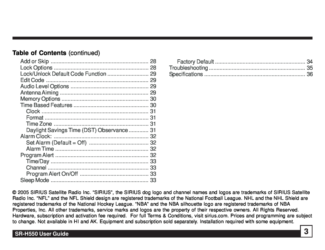 Sirius Satellite Radio manual Table of Contents continued, SR-H550User Guide 
