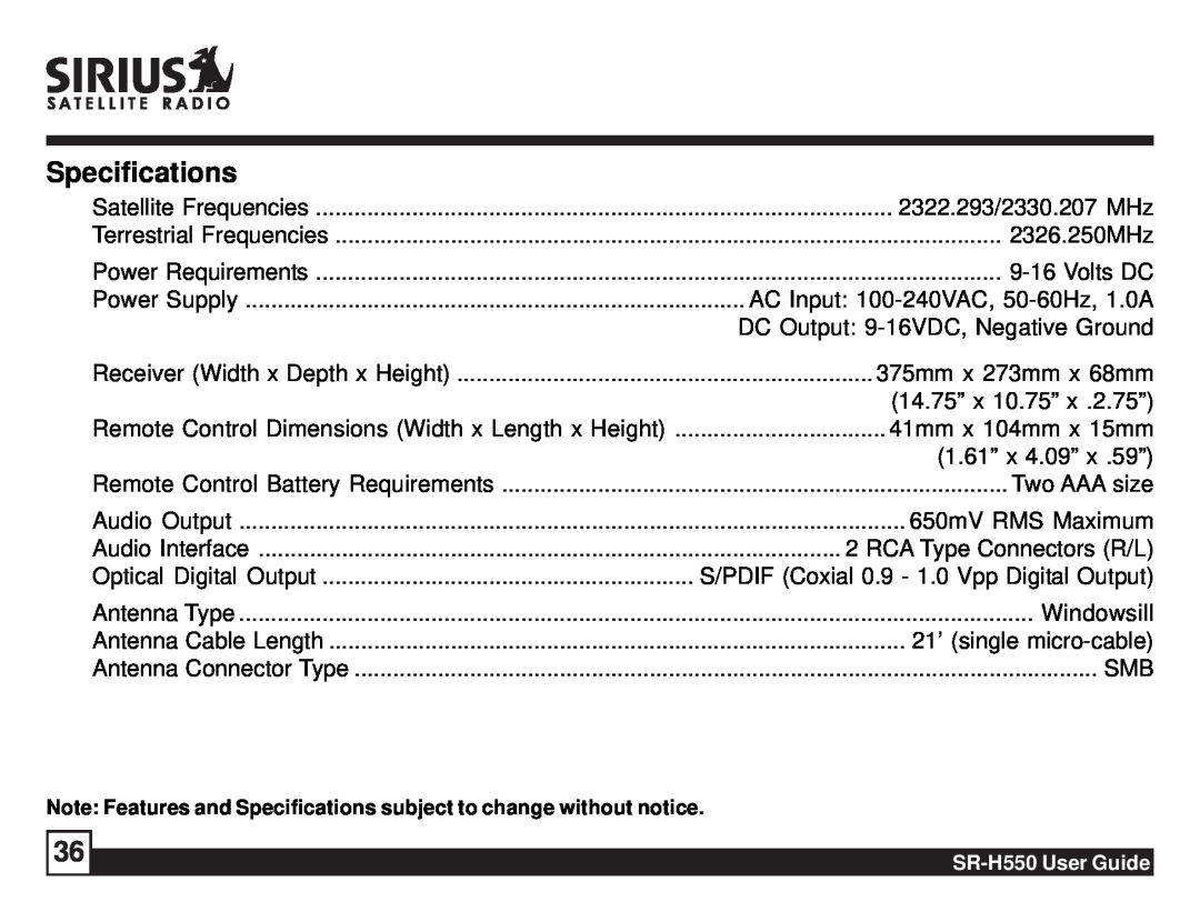 Sirius Satellite Radio SR-H550 manual Specifications 