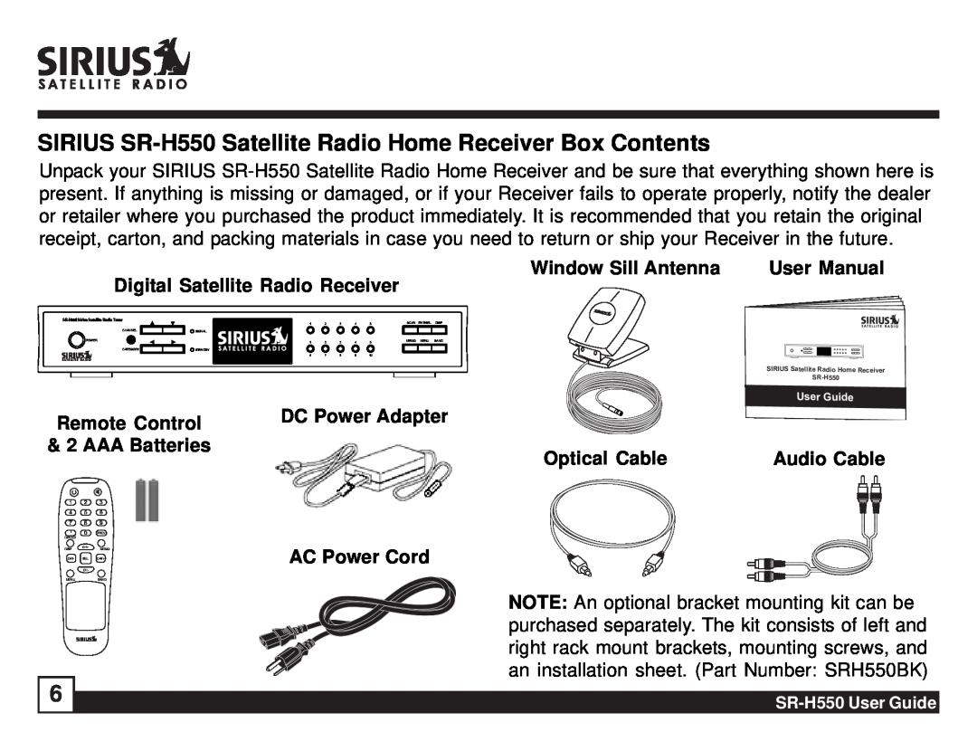 Sirius Satellite Radio SR-H550 manual Digital Satellite Radio Receiver, Remote Control, DC Power Adapter, AAA Batteries 