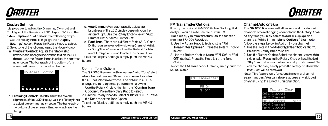 Sirius Satellite Radio SR4000 manual Display Settings, FM Transmitter Options, Channel Add or Skip 