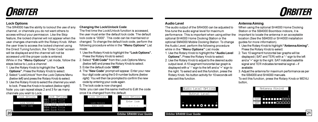 Sirius Satellite Radio SR4000 manual Lock Options, Audio Level, Antenna Aiming, Changing the Lock/Unlock Code 