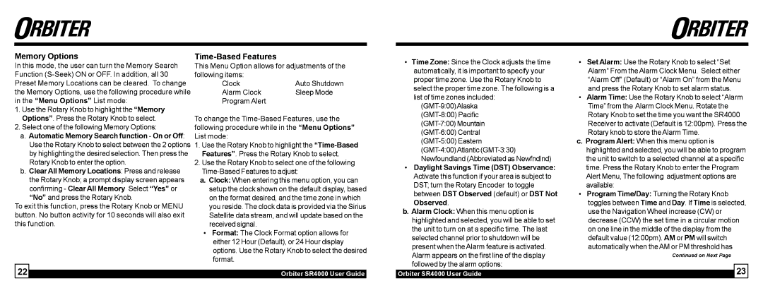 Sirius Satellite Radio SR4000 manual Memory Options, Time-Based Features, Daylight Savings Time DST Observance 