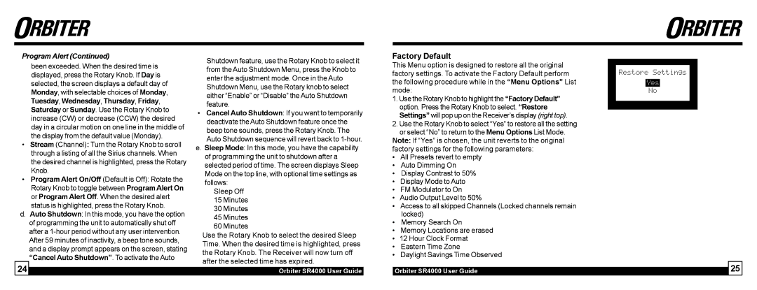 Sirius Satellite Radio SR4000 manual Factory Default, Program Alert 