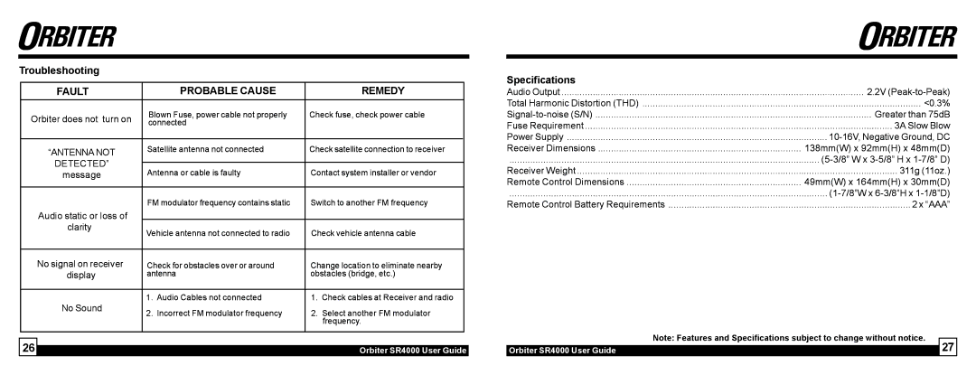 Sirius Satellite Radio SR4000 manual Troubleshooting, Specifications 