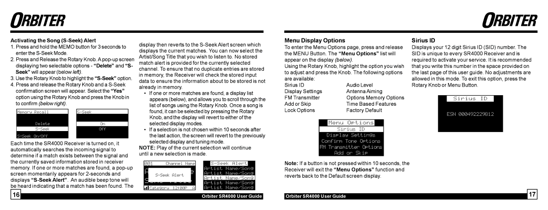 Sirius Satellite Radio SR4000 manual Menu Display Options, Sirius ID, Activating the Song S-Seek Alert 