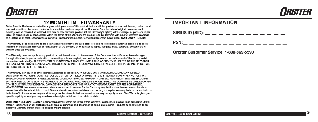 Sirius Satellite Radio SR4000 manual Orbiter Customer Service, Month Limited Warranty, Important Information 