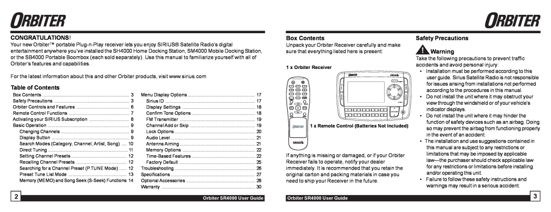 Sirius Satellite Radio SR4000 manual Congratulations, Box Contents, Safety Precautions, Table of Contents 