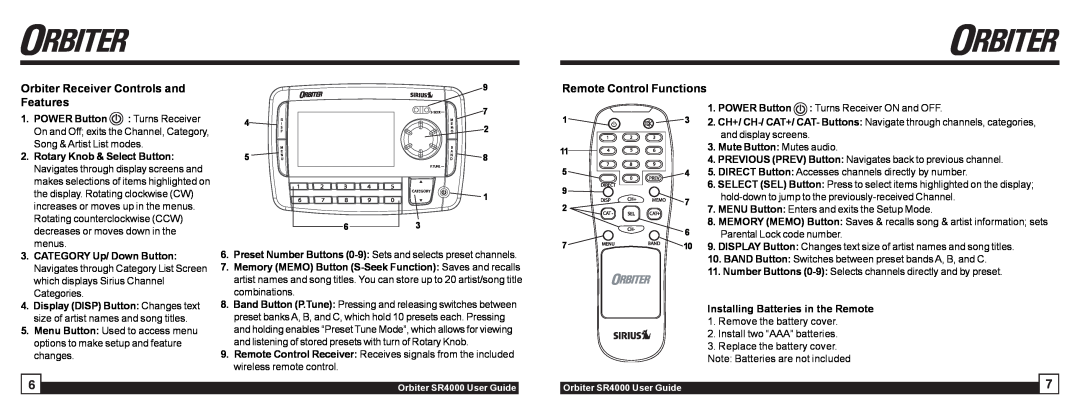 Sirius Satellite Radio SR4000 manual Orbiter Receiver Controls and Features, Remote Control Functions 