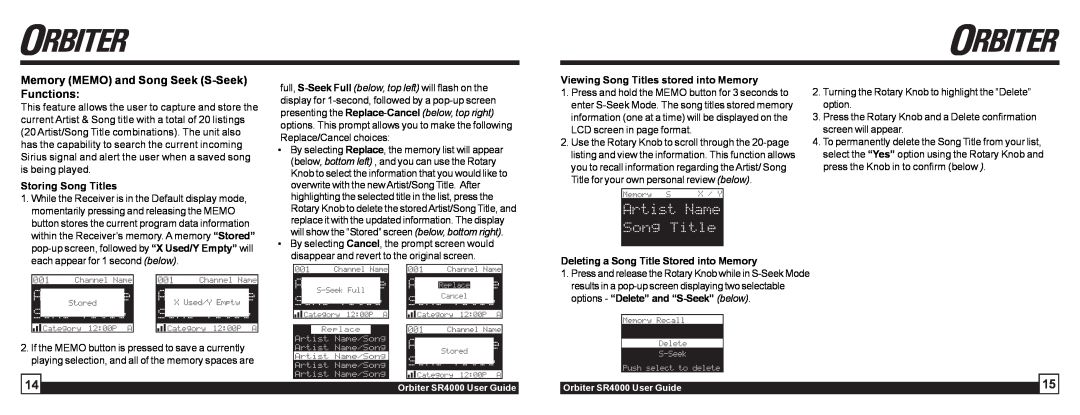 Sirius Satellite Radio SR4000 manual Memory MEMO and Song Seek S-SeekFunctions, Storing Song Titles 