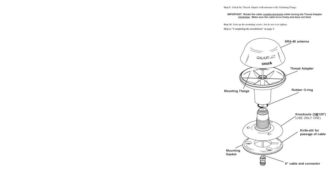 Sirius Satellite Radio SRA-40 instruction sheet Knife-slit for passage of cable Cable and connector 