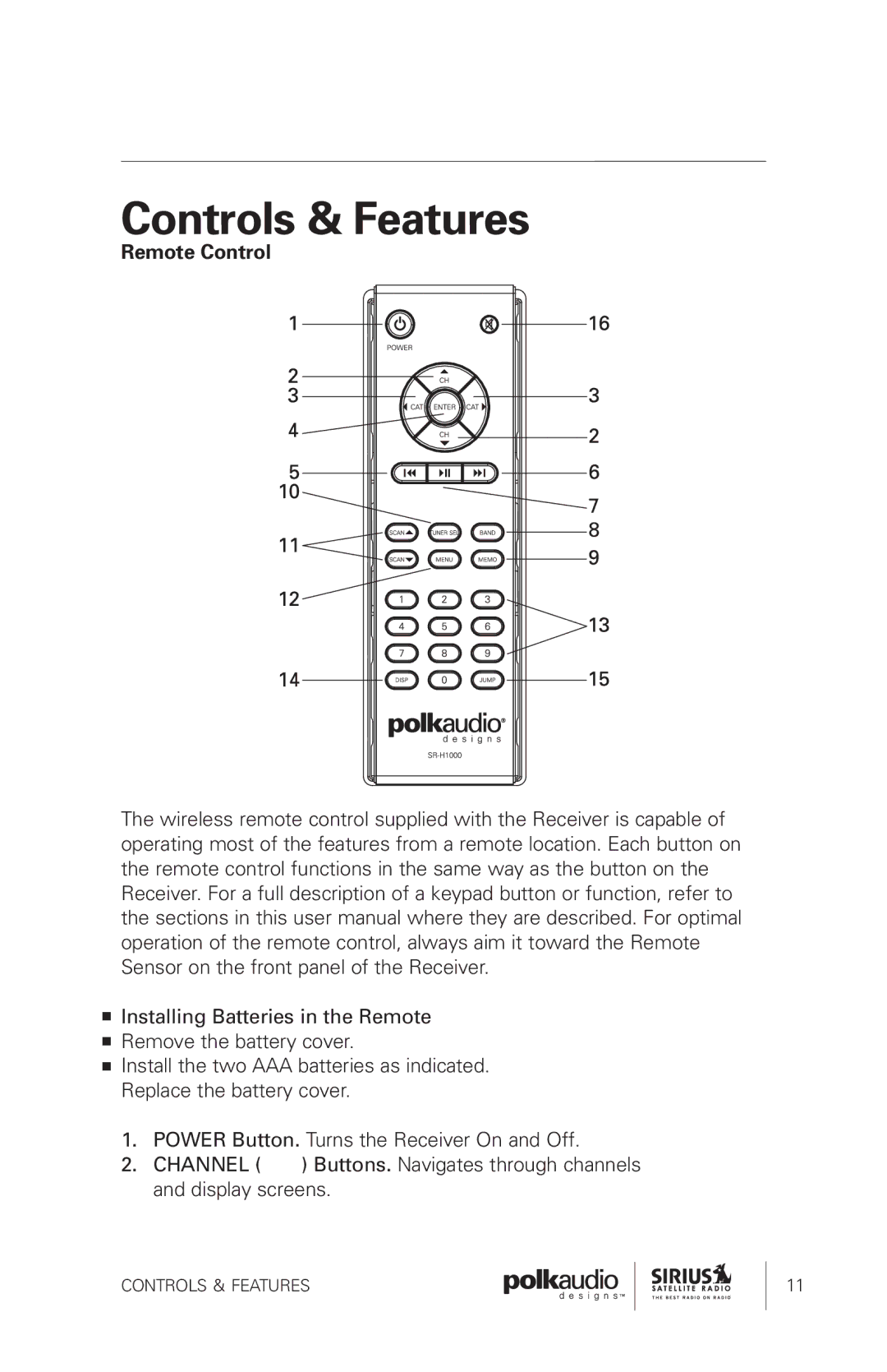 Sirius Satellite Radio SRH1000 manual Remote Control 