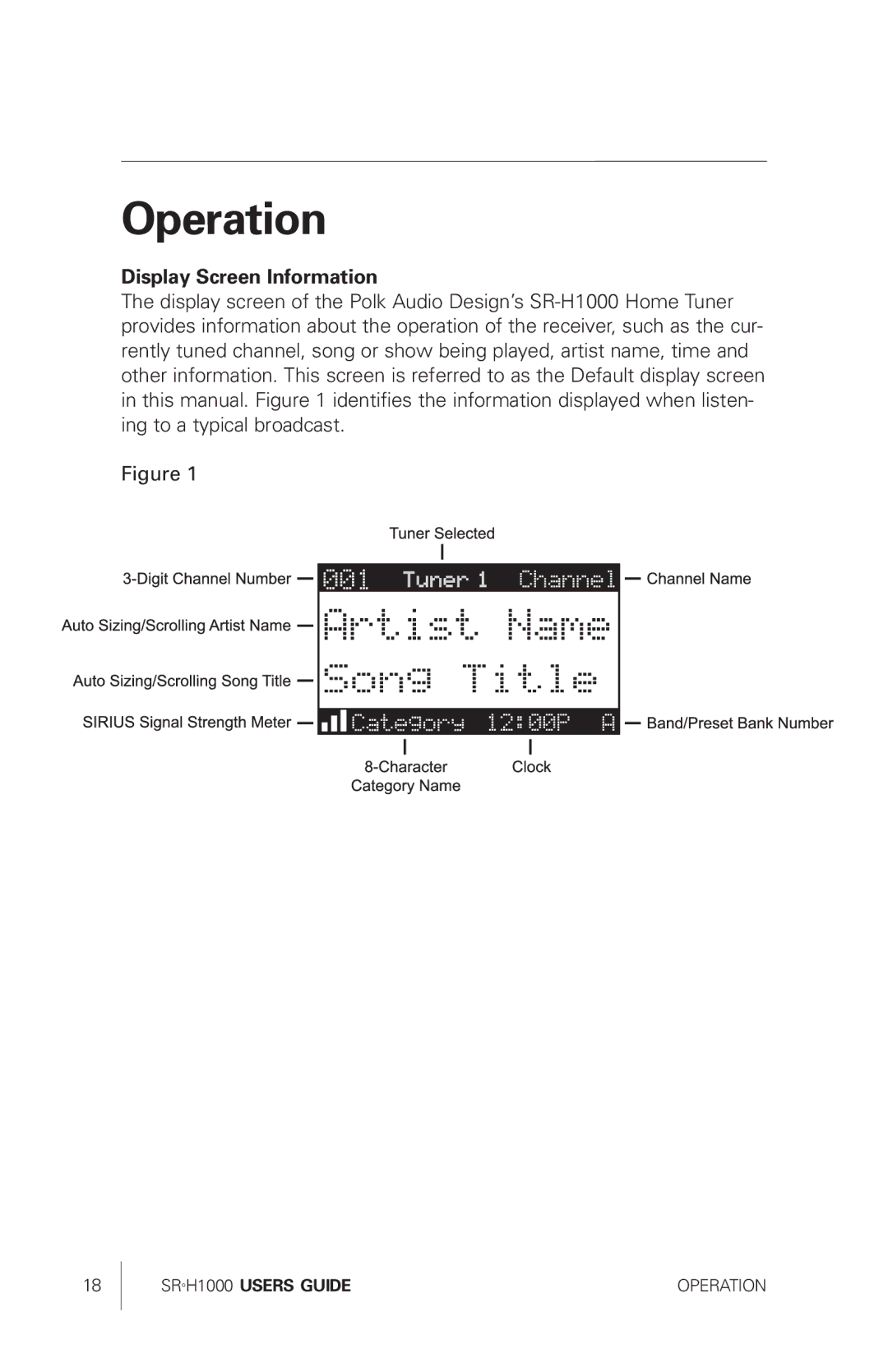 Sirius Satellite Radio SRH1000 manual Operation, Display Screen Information 