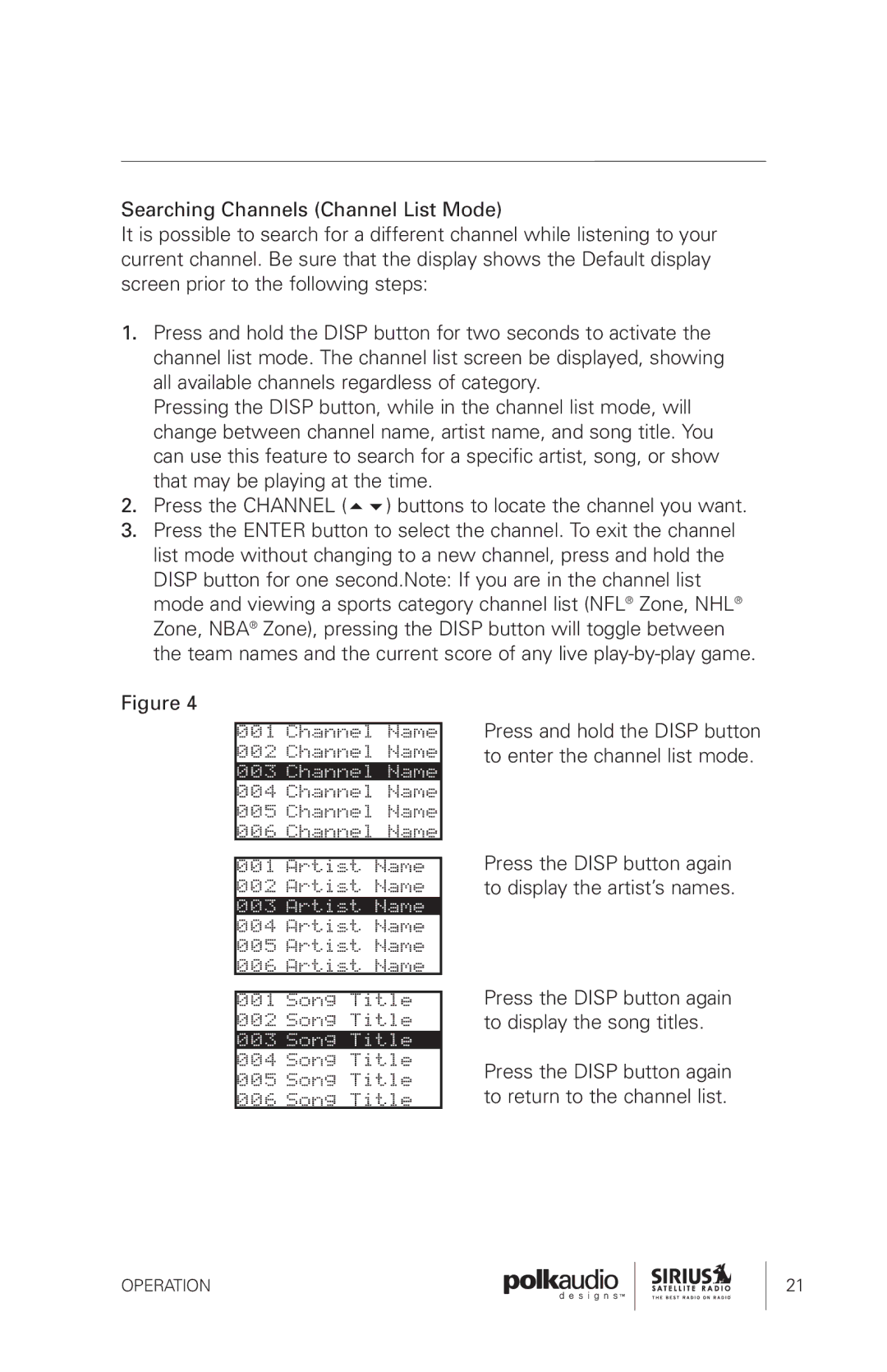 Sirius Satellite Radio SRH1000 manual Operation 