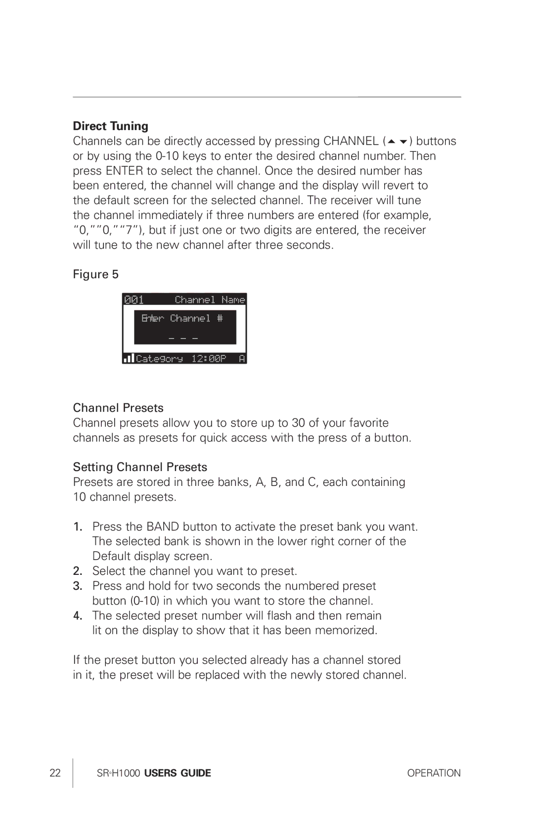 Sirius Satellite Radio SRH1000 manual Direct Tuning 