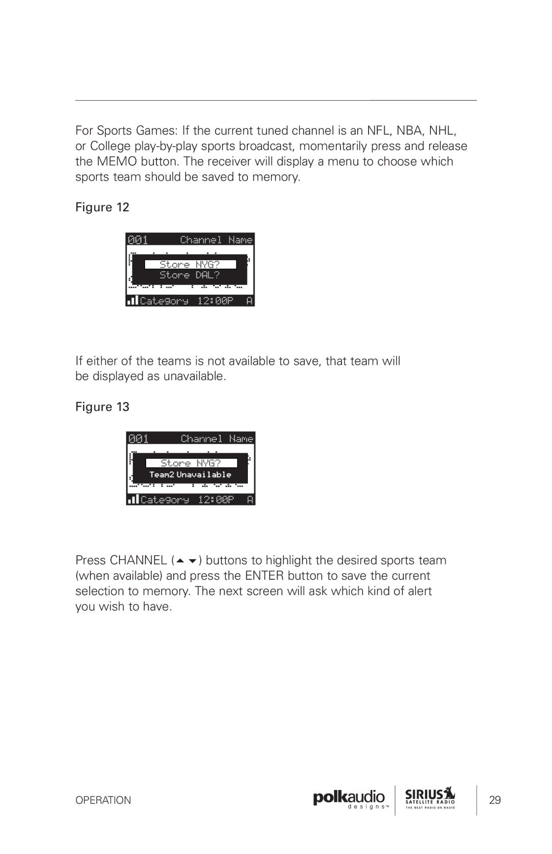 Sirius Satellite Radio SRH1000 manual Operation 