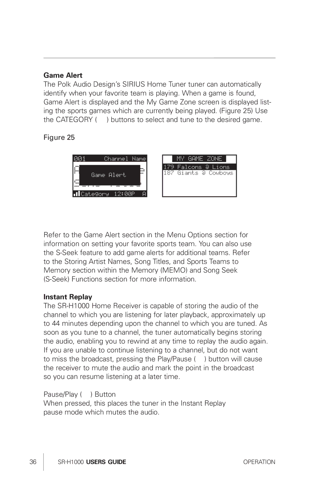 Sirius Satellite Radio SRH1000 manual Game Alert, Instant Replay 