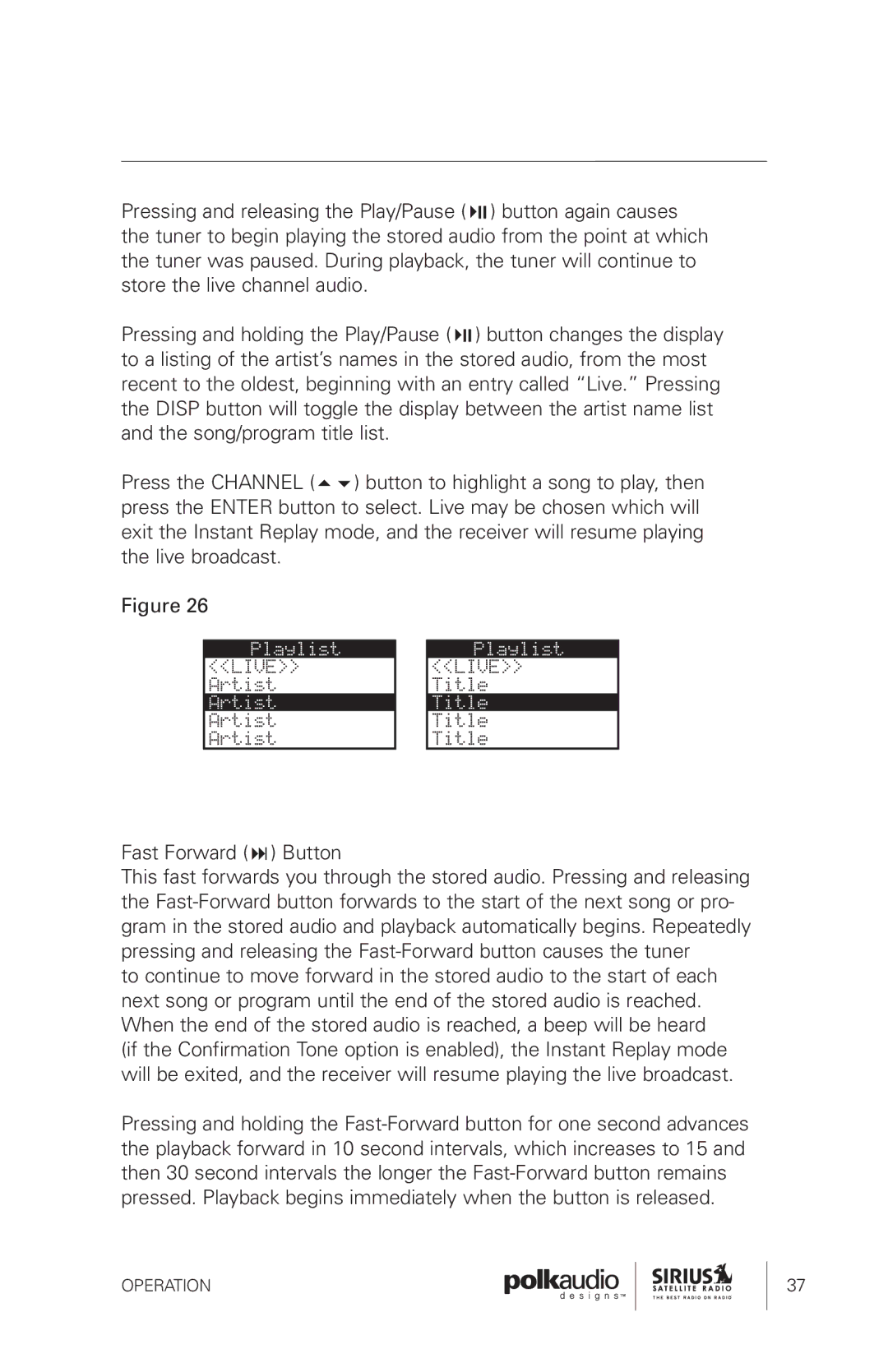 Sirius Satellite Radio SRH1000 manual Operation 