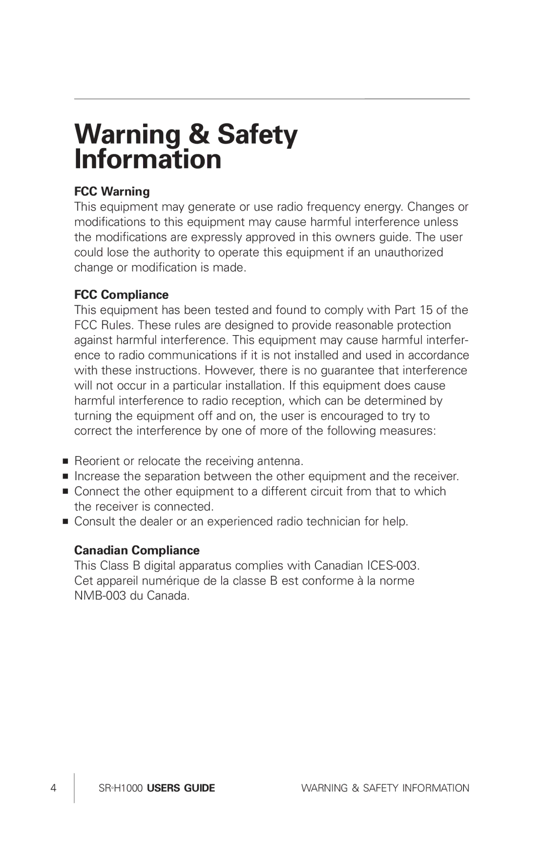 Sirius Satellite Radio SRH1000 manual Information, FCC Warning, FCC Compliance, Canadian Compliance 