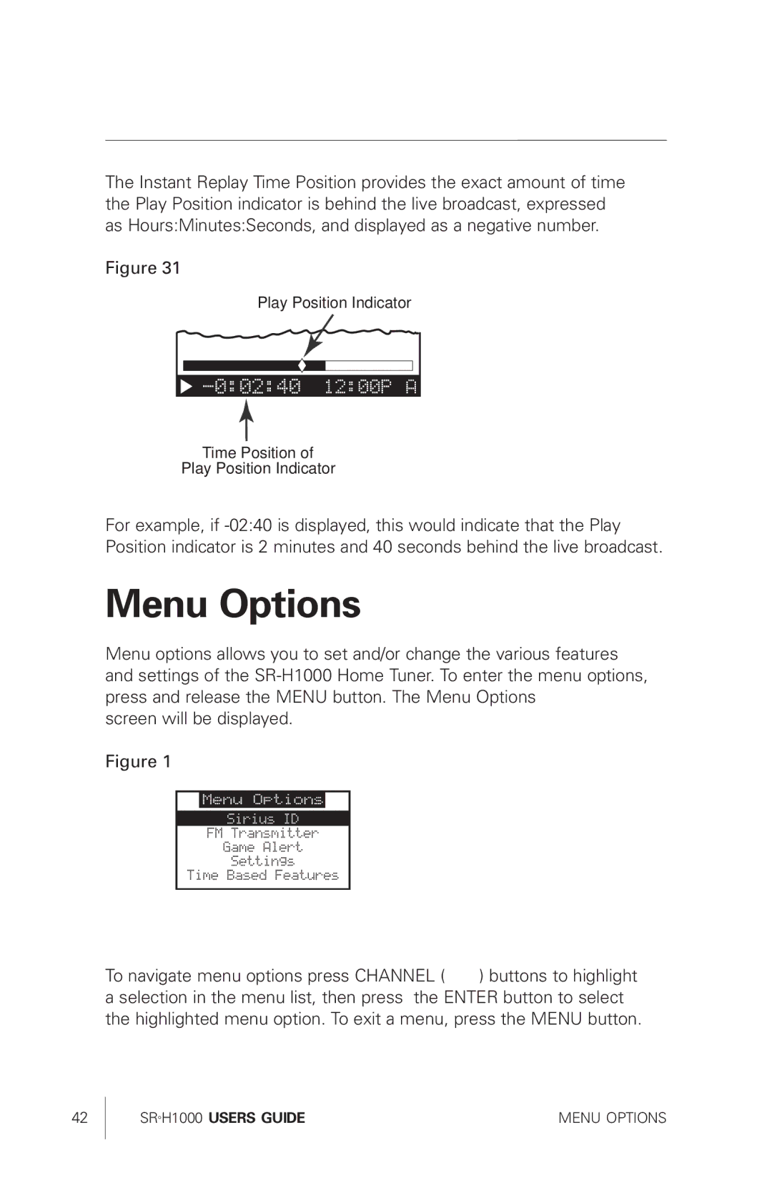 Sirius Satellite Radio SRH1000 manual Menu Options 