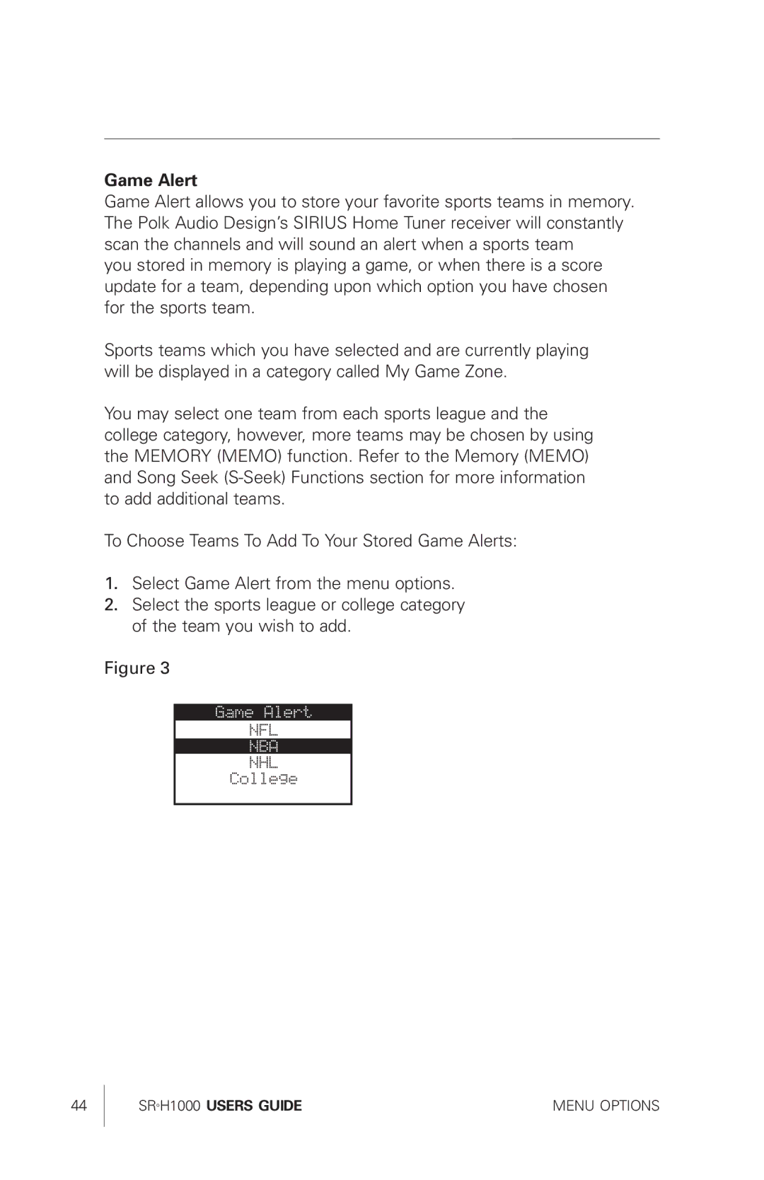 Sirius Satellite Radio SRH1000 manual Game Alert 