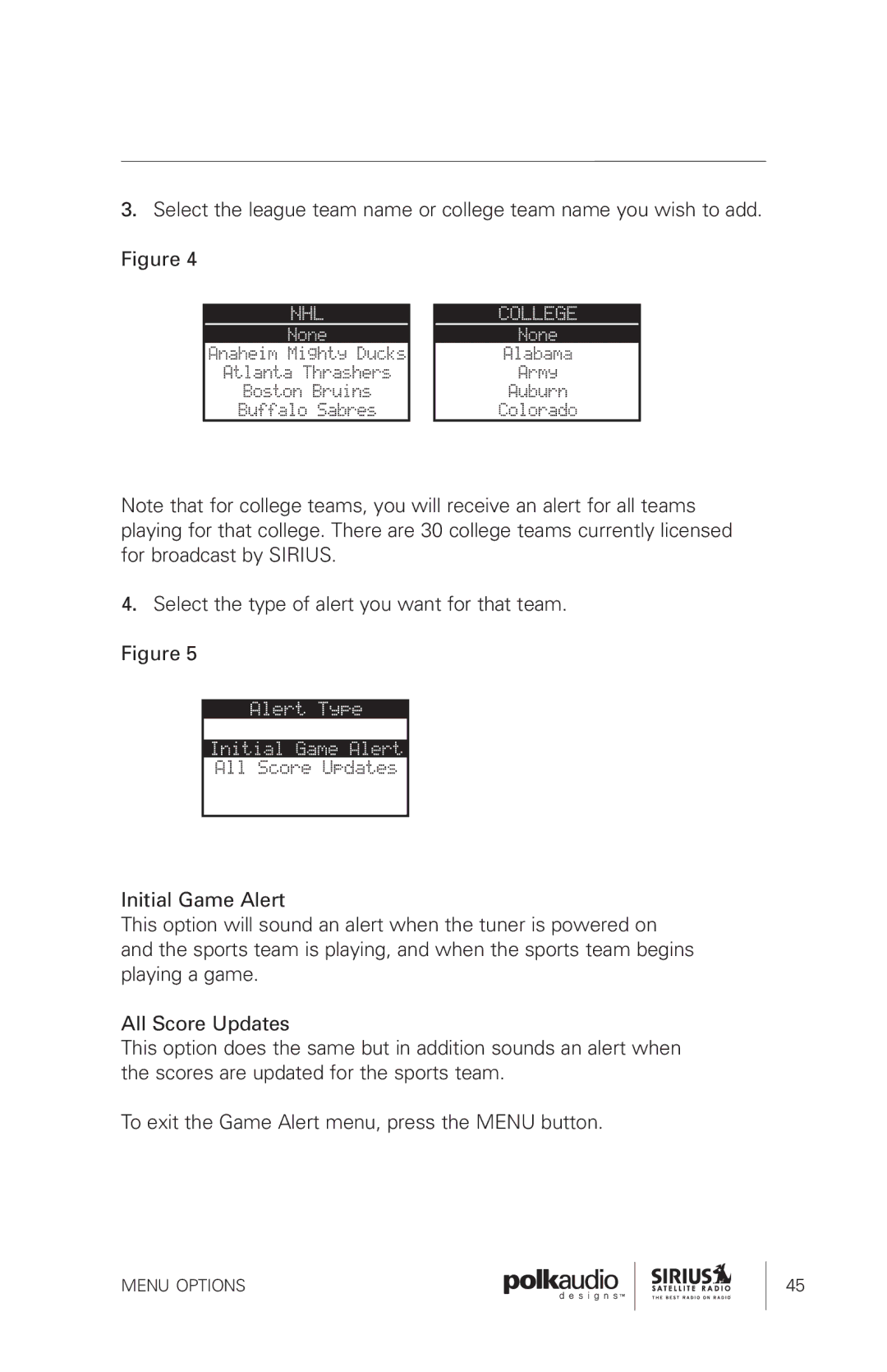 Sirius Satellite Radio SRH1000 manual Menu Options 