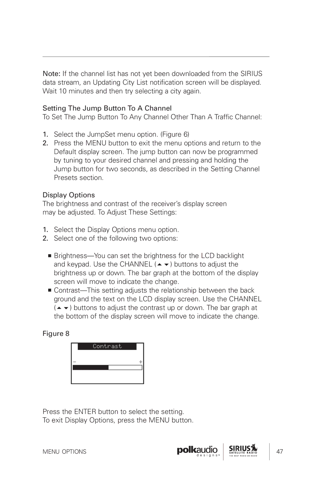 Sirius Satellite Radio SRH1000 manual Menu Options 