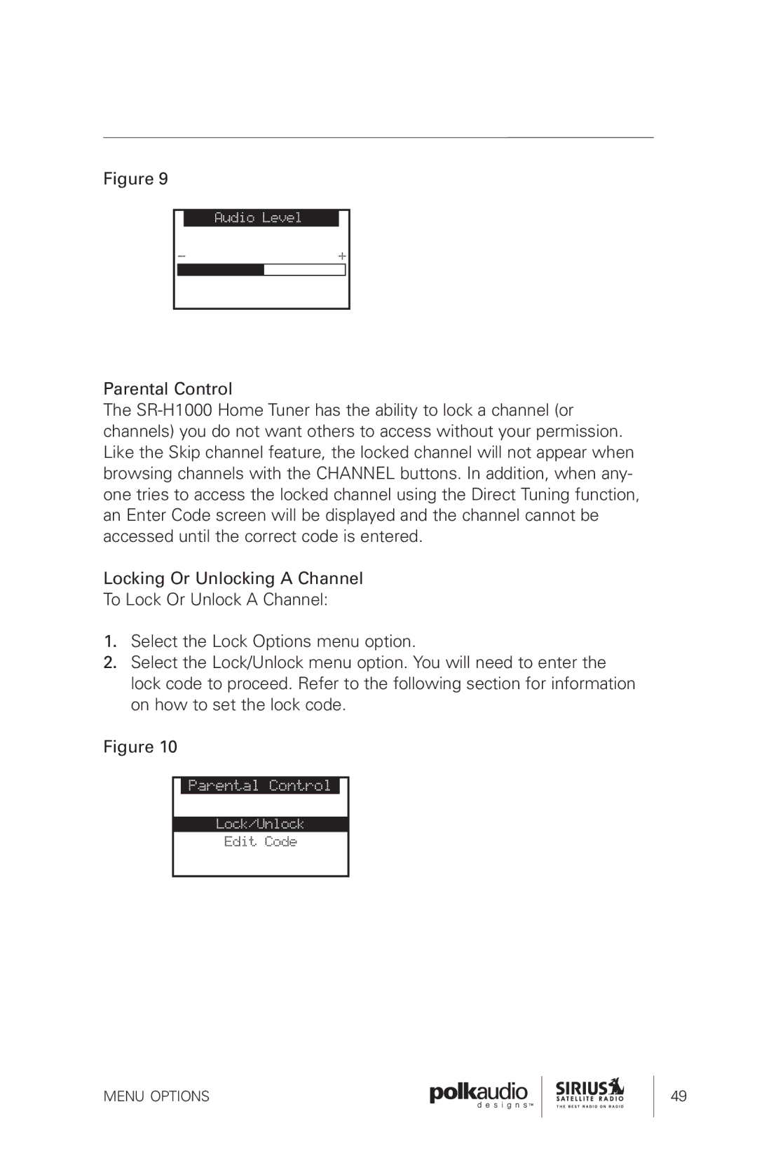 Sirius Satellite Radio SRH1000 manual Menu Options 