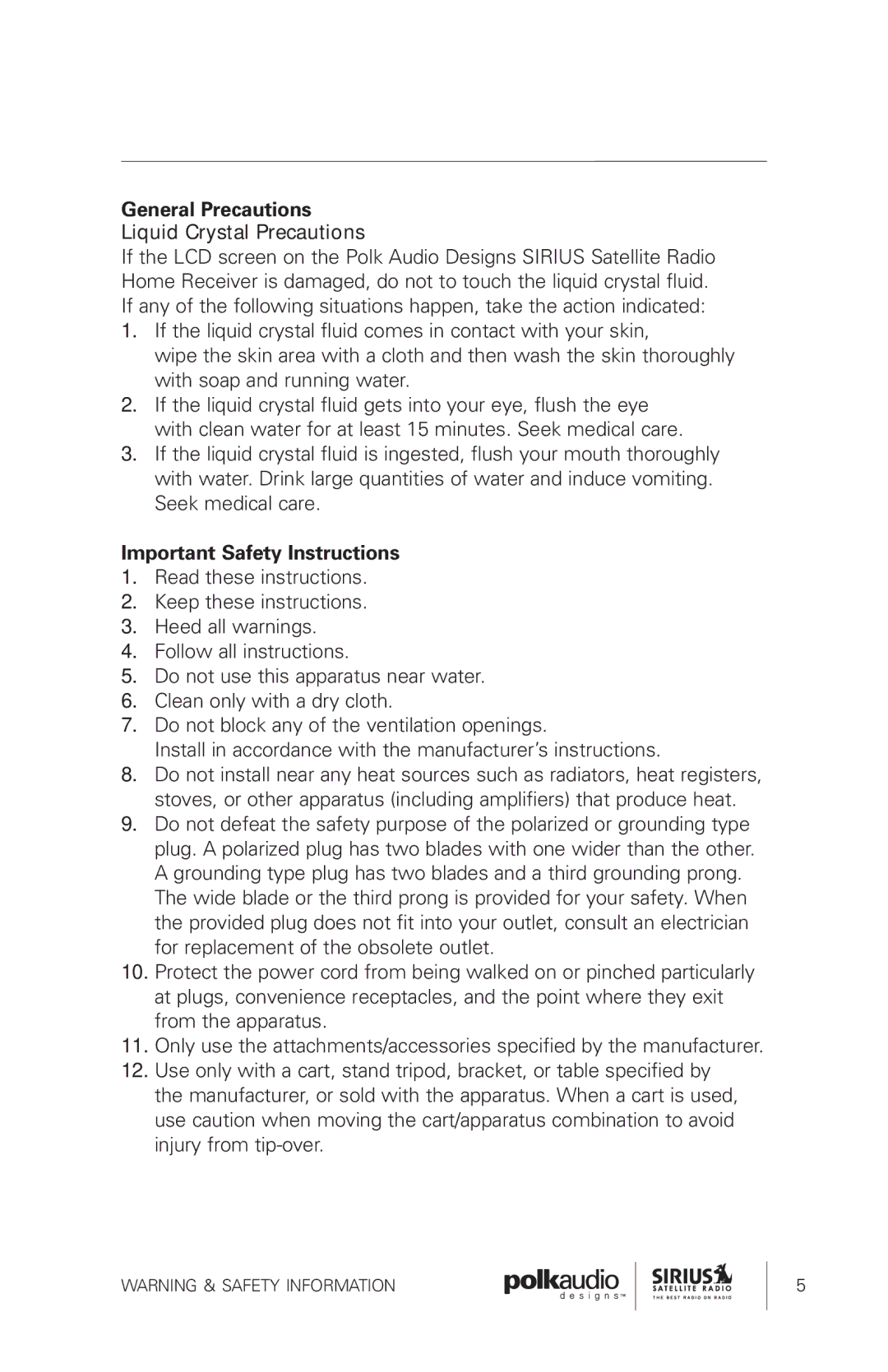 Sirius Satellite Radio SRH1000 manual General Precautions, Important Safety Instructions 