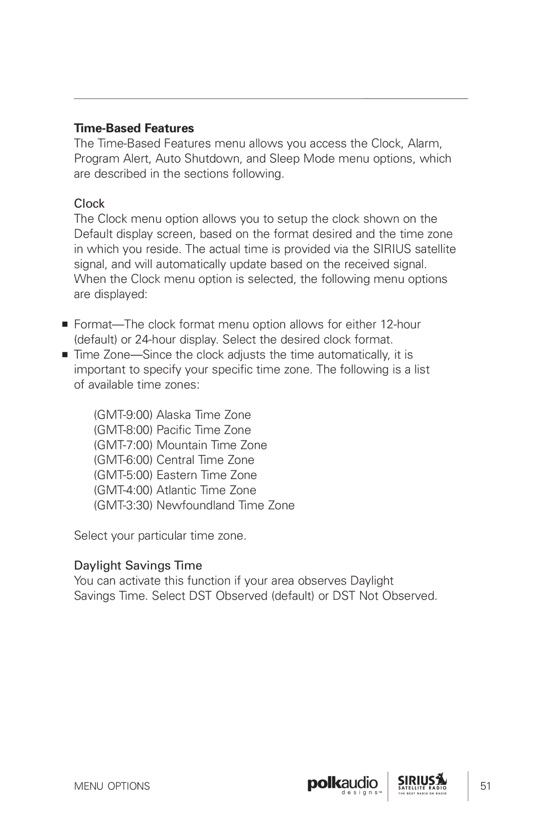 Sirius Satellite Radio SRH1000 manual Time-Based Features 