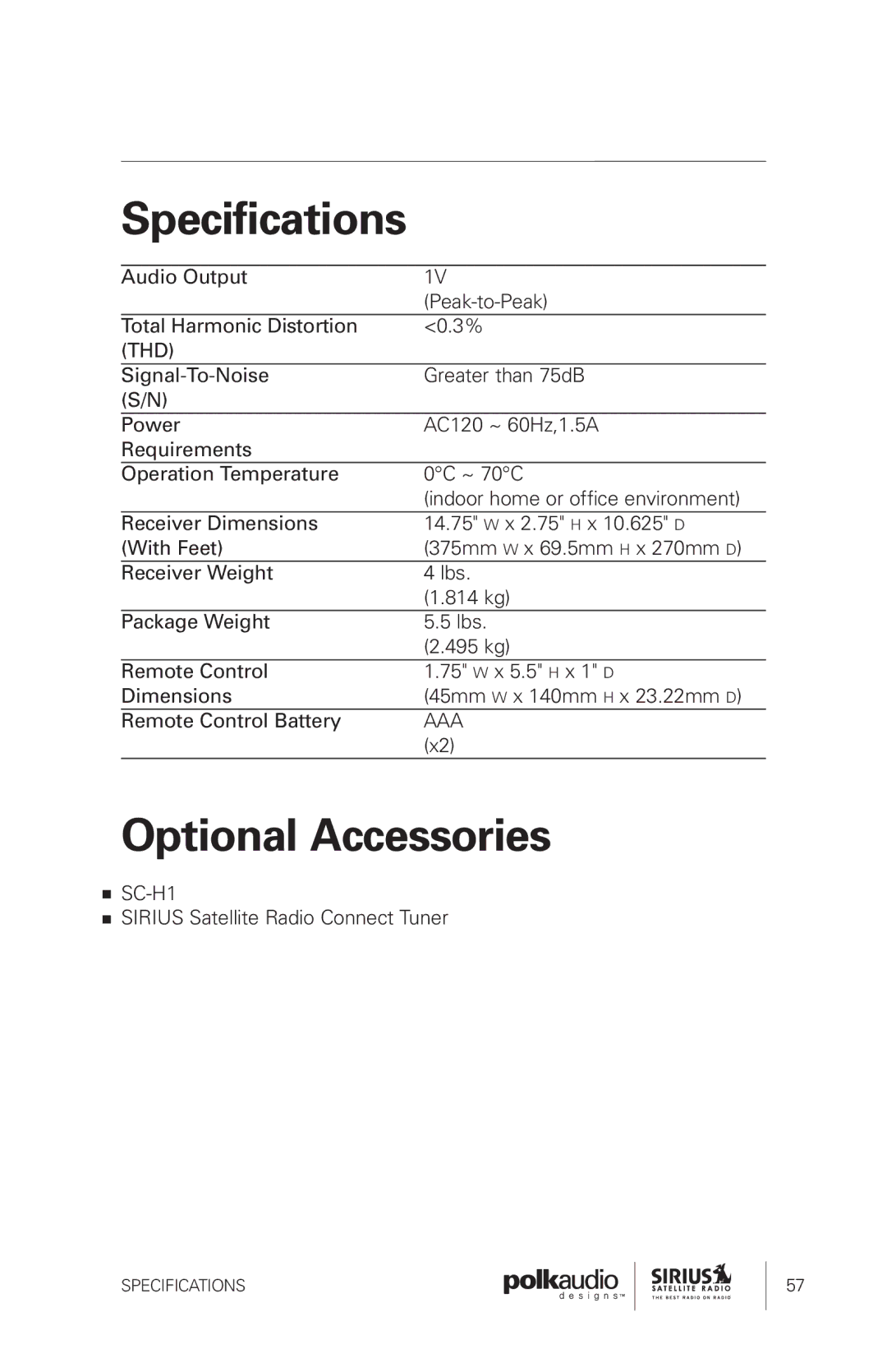 Sirius Satellite Radio SRH1000 manual Specifications, Optional Accessories 