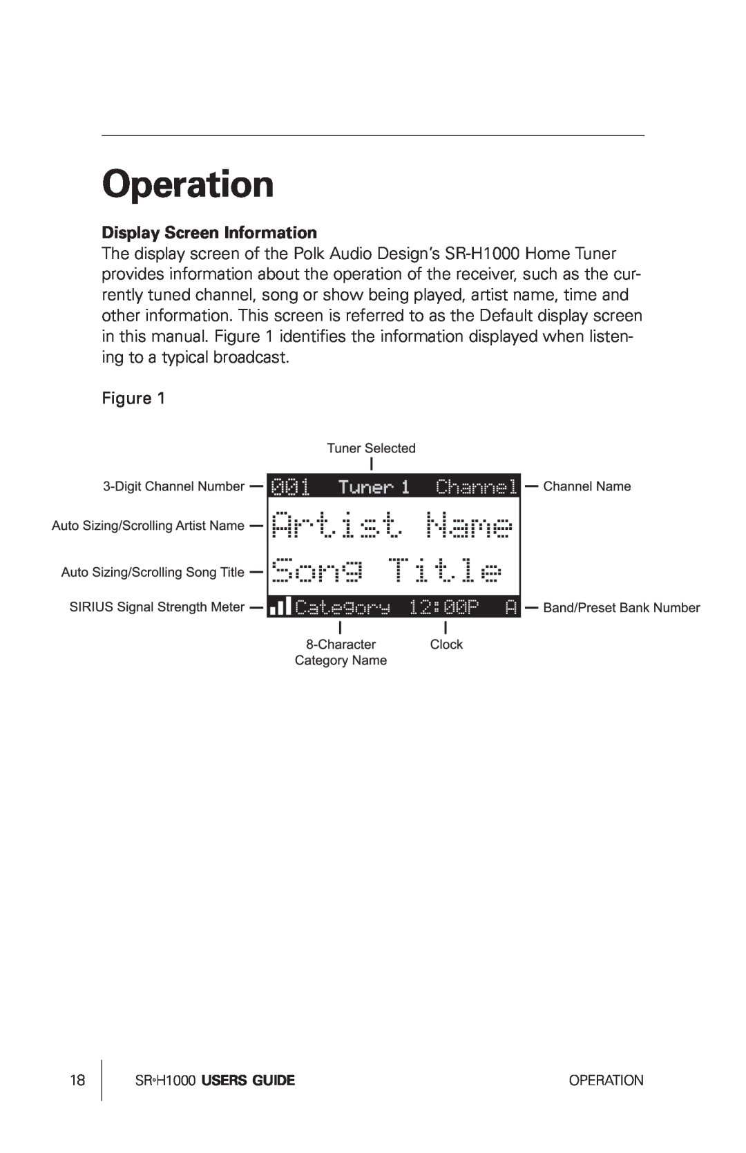 Sirius Satellite Radio SRH1000 manual Operation, Display Screen Information 