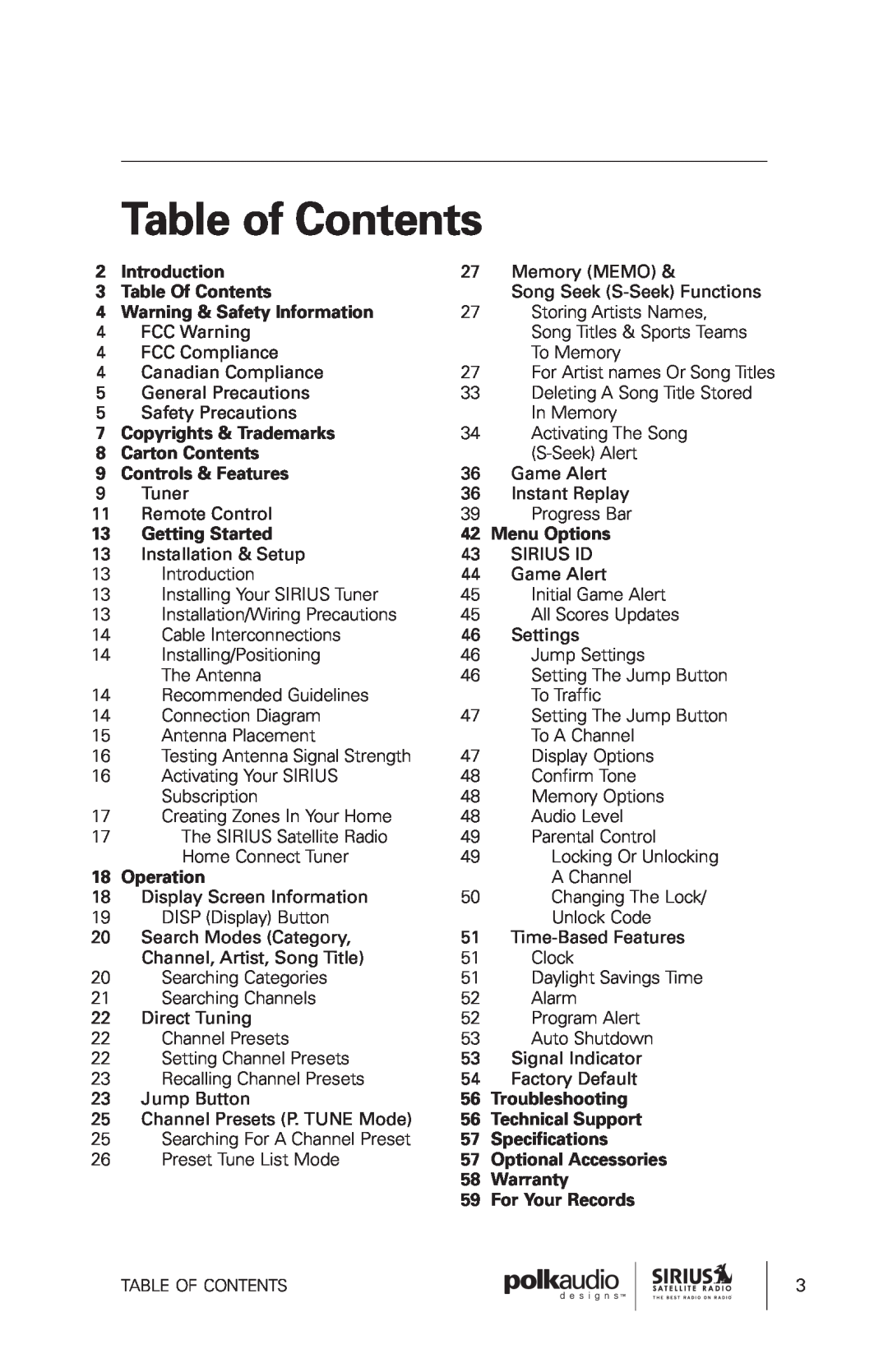 Sirius Satellite Radio SRH1000 manual Table of Contents 