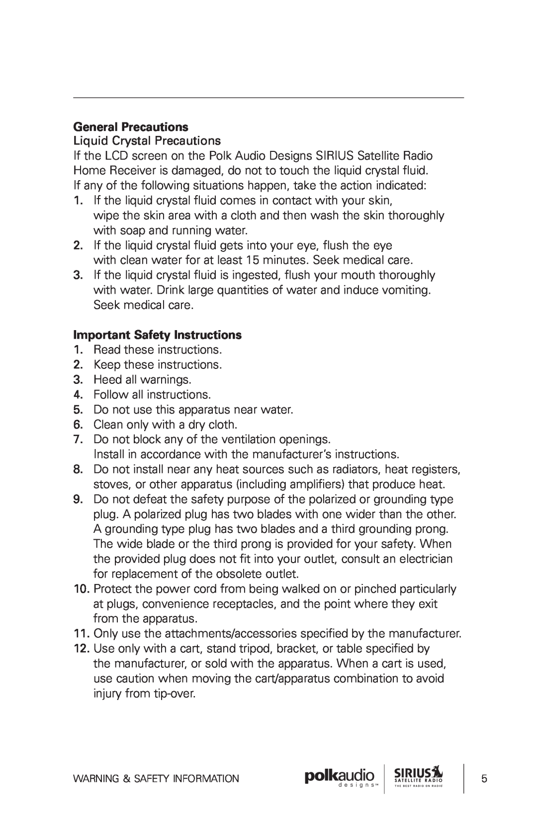 Sirius Satellite Radio SRH1000 manual General Precautions, Important Safety Instructions 