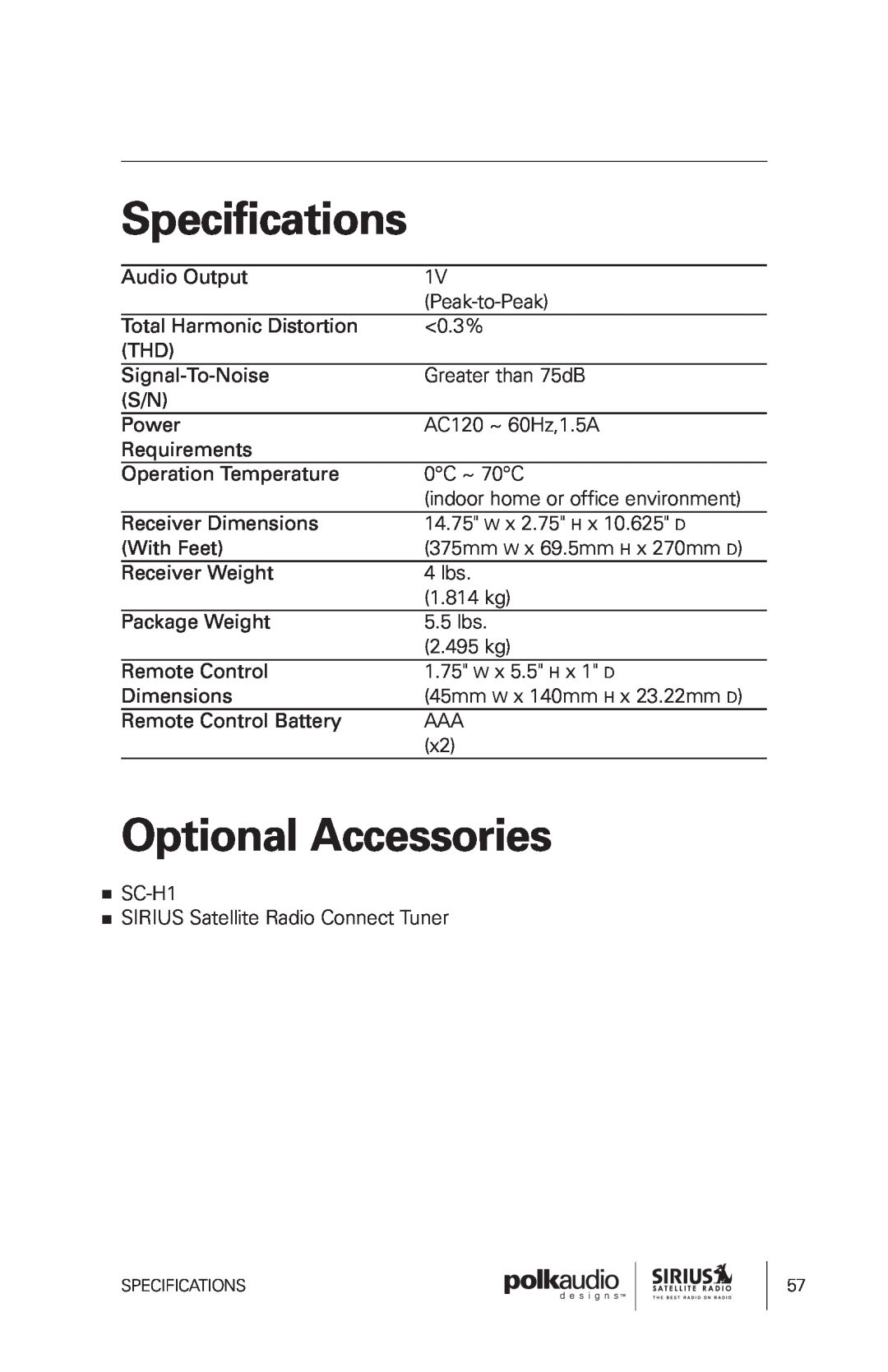 Sirius Satellite Radio SRH1000 manual Specifications, Optional Accessories 